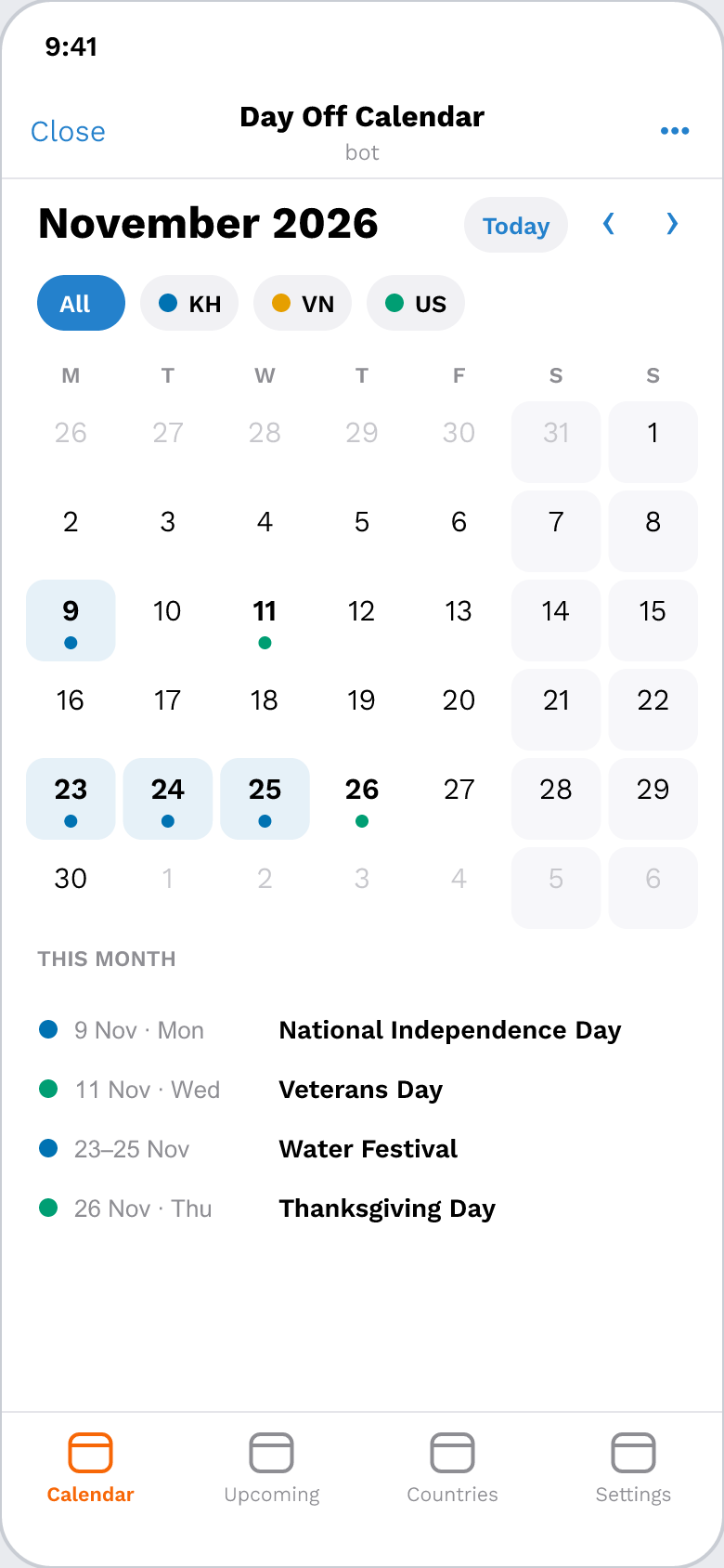 Day Off Calendar: a calendar with Water Festival marked and a 'Tomorrow' alert