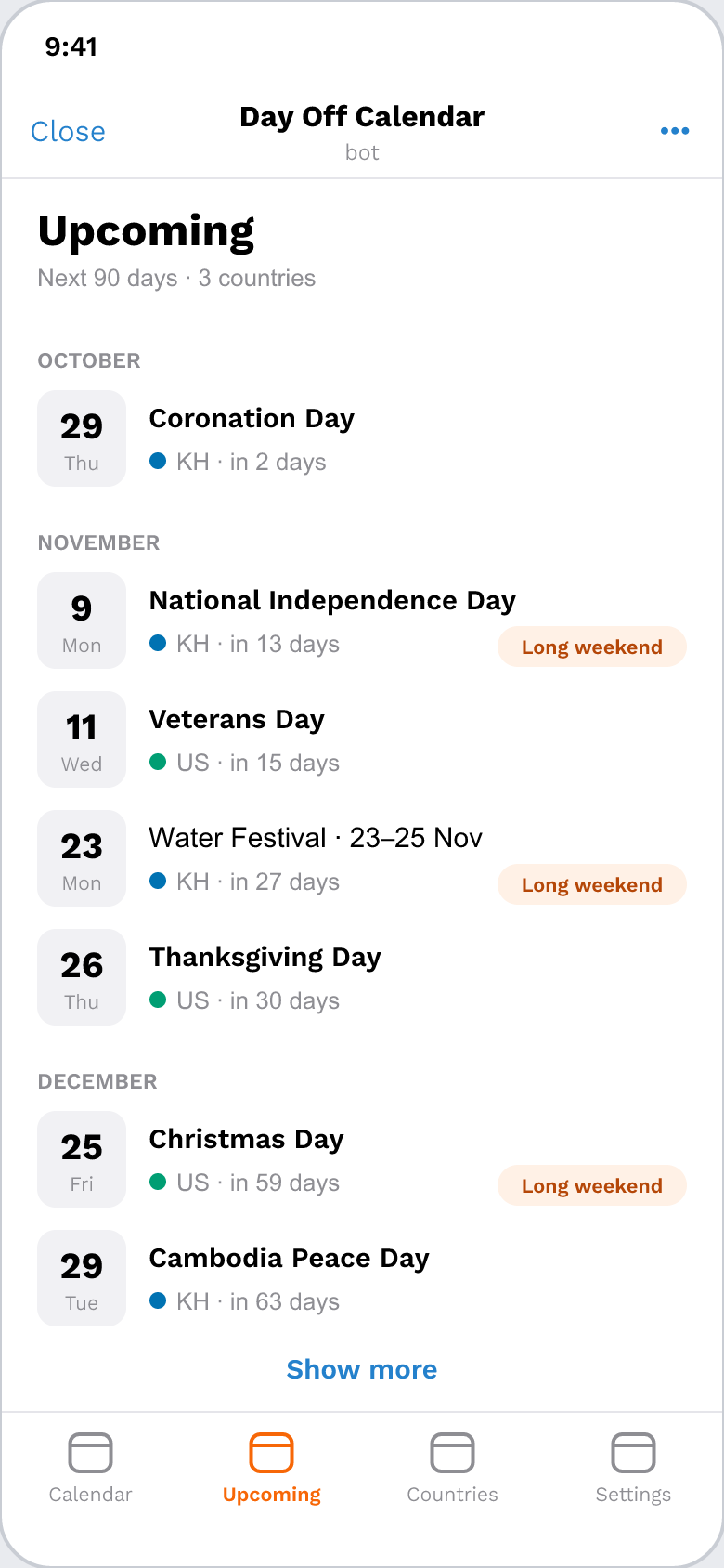 Upcoming list: the next holidays with countdowns