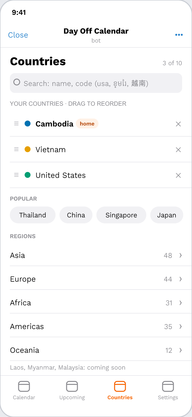 Country picker with search and up to 10 countries